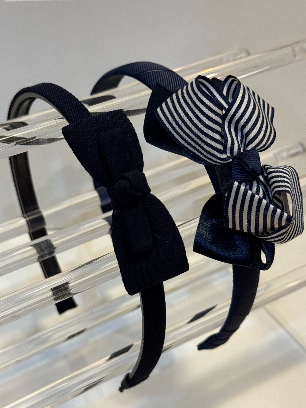 Kids Ribbon Bow Headband Set • Navy Blue & Striped (2pc)